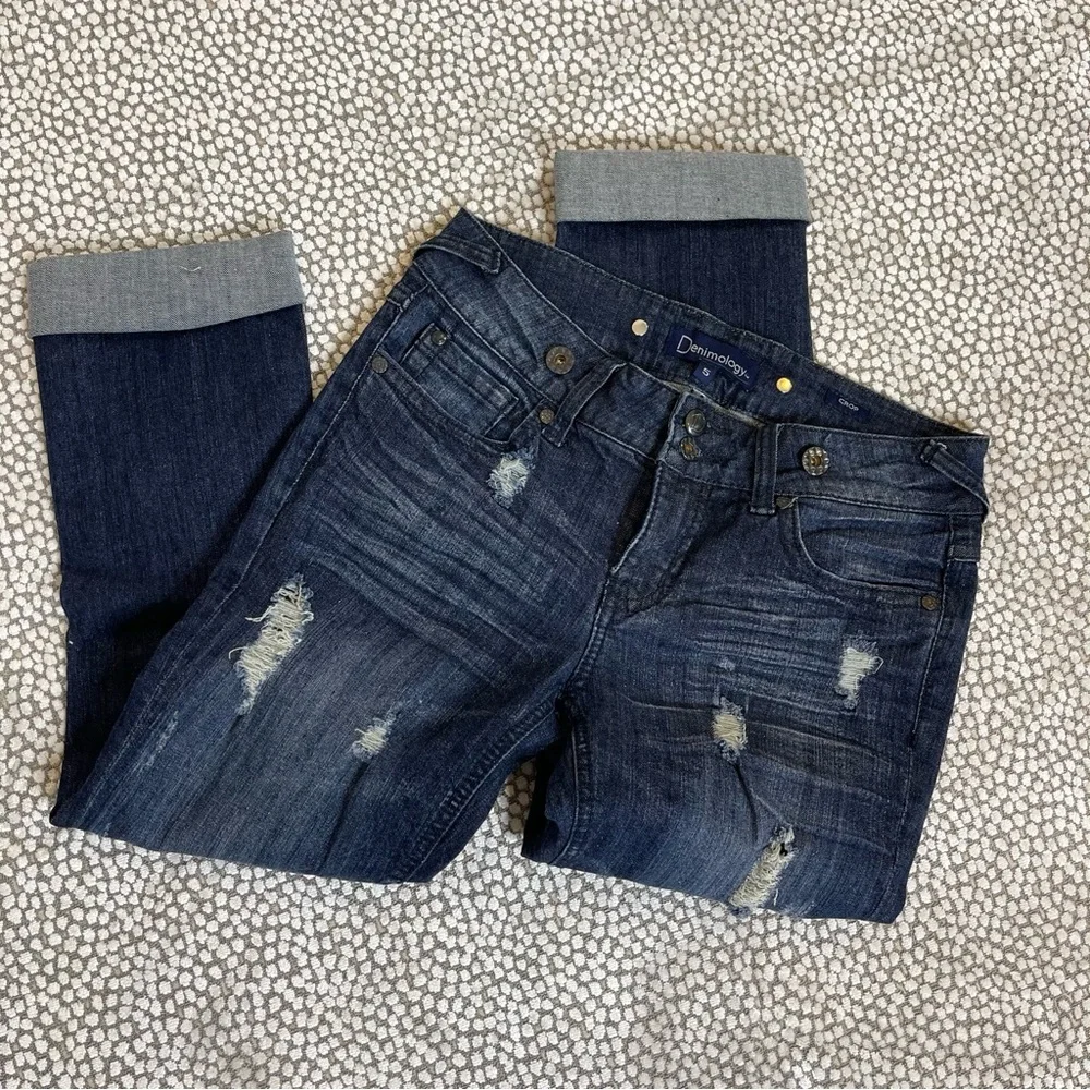 Denimology Dark Blue Distressed Cropped Jeans Mid Rise Size 5 - Picture 9 of 11